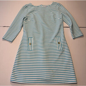 Lilly Pulitzer Women’s Dress SZ S Blue White Striped 3/4 Sleeve Gold Button READ